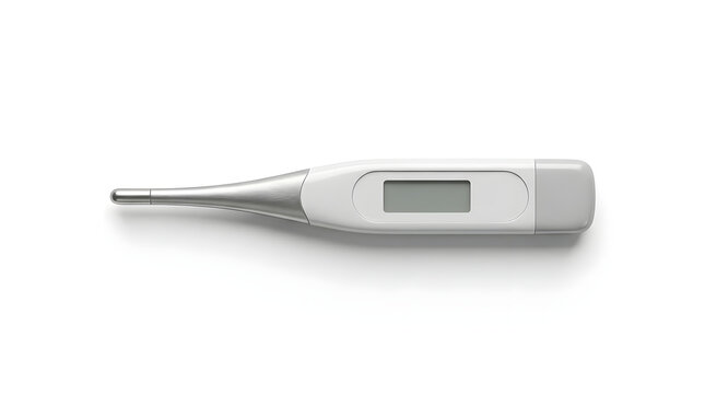 Professional digital clinical thermometer isolated on white background for medical fever measurement and diagnostics.