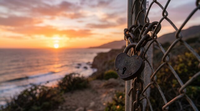 Rustic Heart Lock Secures Chain Link Fence Against Scenic Coastal Sunset