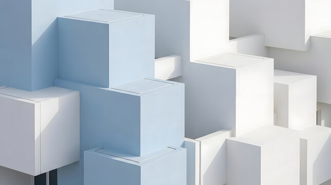 Modern abstract composition of white and light blue geometric cubes creating a clean architectural structure.