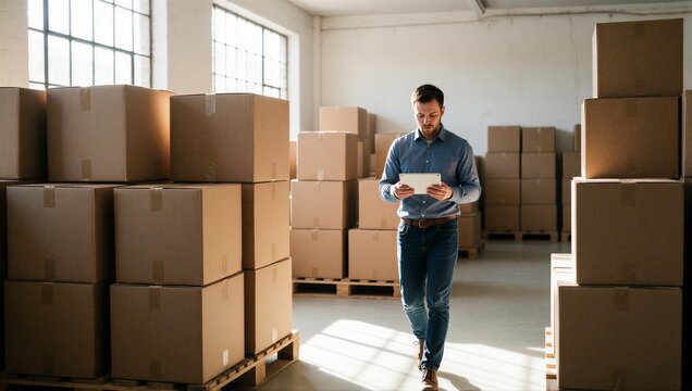 Man checking inventory with tablet in warehouse