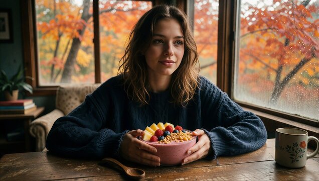 Woman holding a smoothie bowl by a rainy autumn window