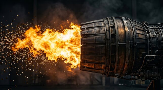 High thrust testing procedure showing bright orange fire flames and sparks from a jet engine exhaust.