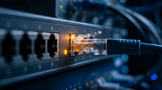 Network switch port with an ethernet cable connected and showing an active amber connection light.