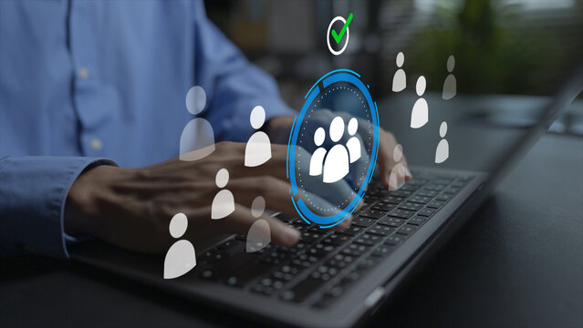 HR recruitment and hiring platform concept. Person using laptop with star candidate, career application and selection icons, efficient enterprise recruitment management.