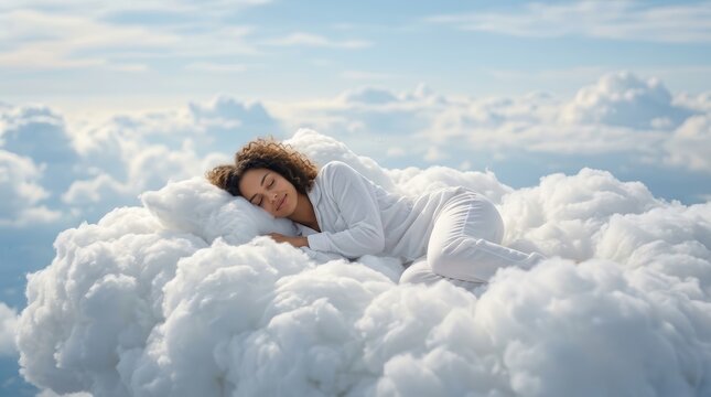 A beautiful woman lying in bed sleeping like she is in seventh heaven among clouds