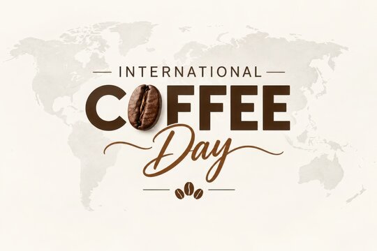 A single coffee bean rests on text celebrating International Coffee Day against a subtle world map backdrop