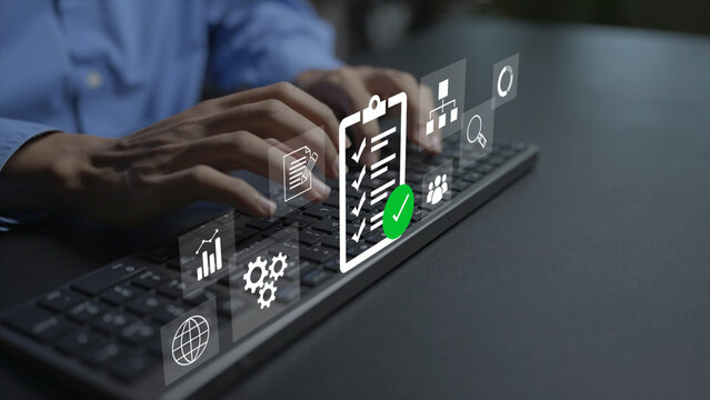 Digital checklist system, task and project efficiency concept. Person typing on keyboard with completed checkmark list, progress tracker and gear icons, smart workflow management.