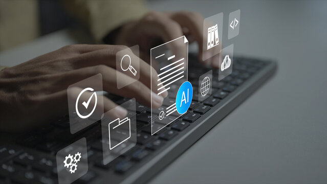 AI document processing concept. Person typing on keyboard with smart scanner, automated data extraction and file folder icons, artificial intelligence workflow and text analysis.