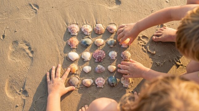 Educational nature exploration showing children counting sea shells in patterns on the sand.