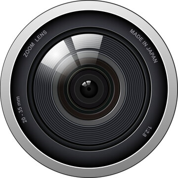 Camera photo lens icon isolated, professional DSLR zoom lens front view.