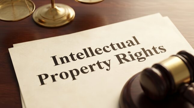 Close-up of a legal document titled Intellectual Property Rights with scales and gavel.