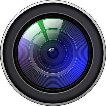 Camera photo lens icon isolated, professional DSLR zoom lens front view.