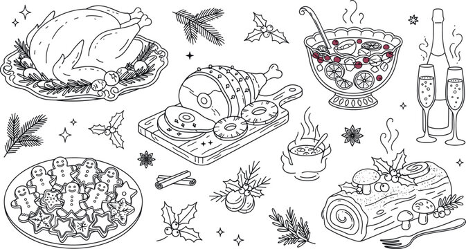 Christmas dinner food vector doodles set with roasted turkey baked ham punch bowl yule log cake and holiday feast elements