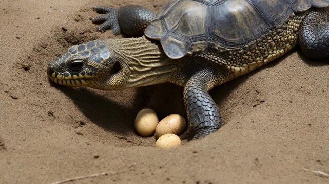 Tortoise lays eggs in sand during daytime natural history documentary scene