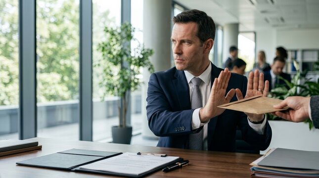 Professional man in a suit refusing a bribe in a brown envelope with both hands.
