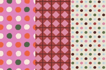 Plakat Vector Seamless Christmas pattern with hand-drawn holiday elements, geometric shapes, stars and festive ornaments in a retro color palette