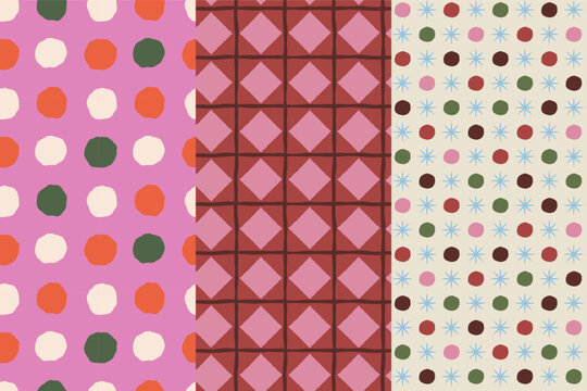 Vector Seamless Christmas pattern with hand-drawn holiday elements, geometric shapes, stars and festive ornaments in a retro color palette