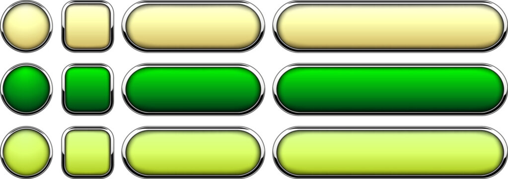 Buttons isolated with metallic chrome elements, creamy green color backgrounds - navigation panel for website.
