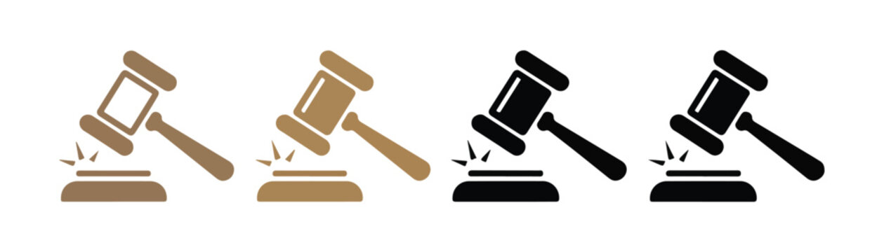 Wooden and black judge gavel vector icons collection for legal justice law system and auction house concepts.