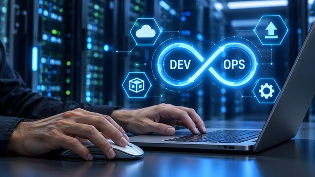 DevOps Concept Continuous Integration And Deployment IT Professional Working On Laptop In Datacenter