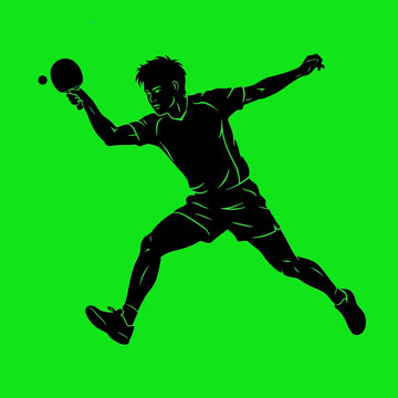 Ping pong player silhouette striking the ball in a dynamic action pose.