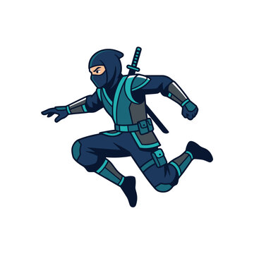 Dynamic ninja character running and jumping in mid air wearing blue tactical armor with a sword on back isolated on a white background
