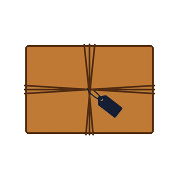 Brown cardboard parcel box tied with string and a blank shipping tag in a flat vector illustration
