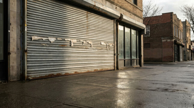Weathered retail security shutter empty street storefront closed shopfront urban sidewalk wet pavement damaged metal shutter vacant building brick