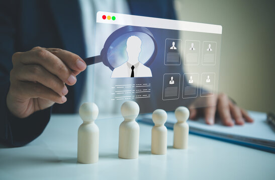 Recruitment candidate screening with magnifying glass and digital profiles HR manager searching talent for hiring employee selection workforce planning and human resources strategy.