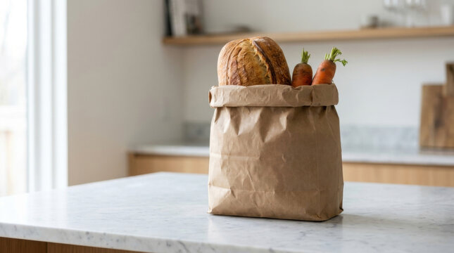 Paper sack grocery bread carrot kitchen counter package food storage reusable paper bag home delivery market produce loaf vegetable