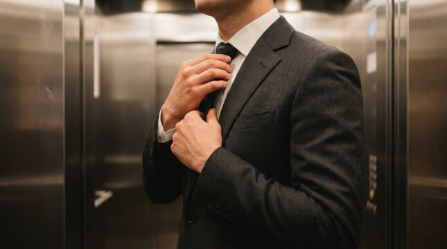 Suit tie elevator lobby office worker adjusting necktie near lift with focused mood