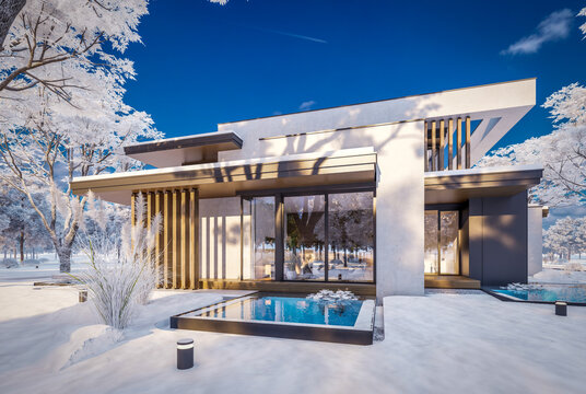 3D render of a luxury modern villa in winter.