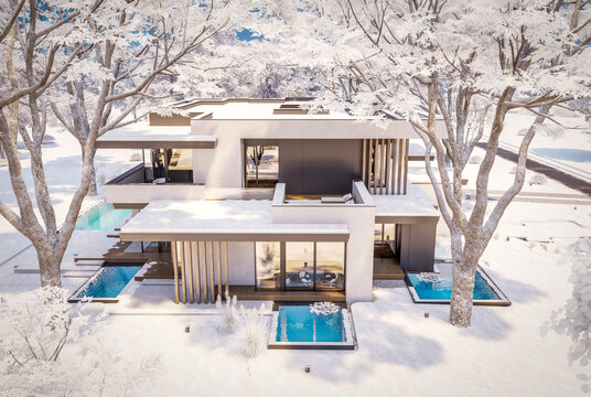 3D render of a luxury modern villa in winter.