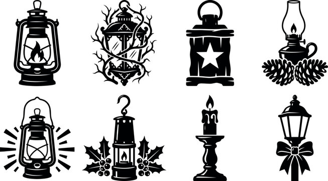Vintage Lantern and Oil Lamp Vintage Engraving Collection &ndash; Hand Drawn Black and White Decorative Icons
