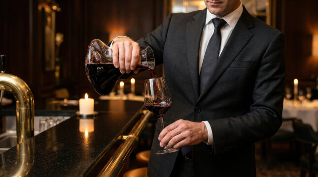 Sommelier wine carafe decanting tailored suit bar candlelight