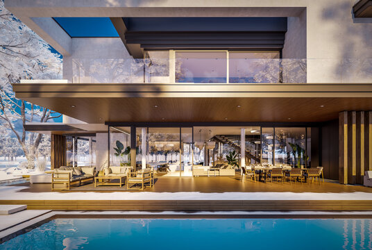 3D render of a luxury modern villa in winter.