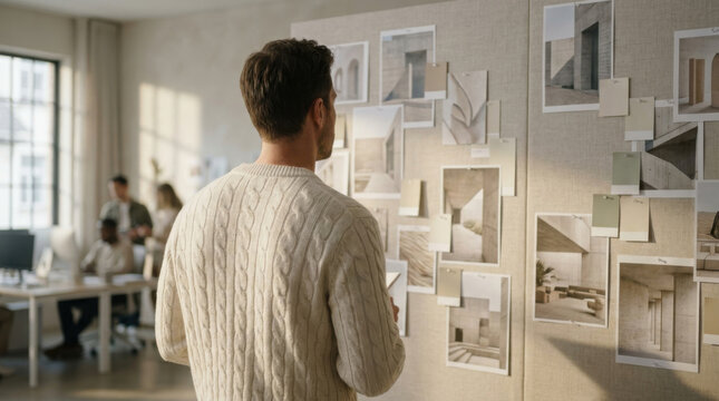 Interior designer reviewing mood board in studio