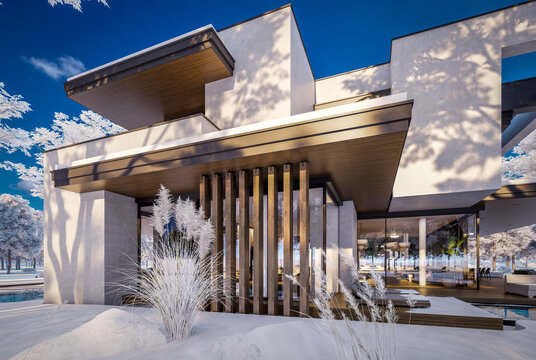 3D render of a luxury modern villa in winter.