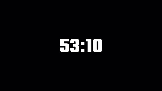 Fifty eight minute countdown timer animation on transparent background in sixty seconds