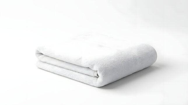 Neatly folded soft white microfiber towel or plush fleece blanket isolated on white background for home and spa.