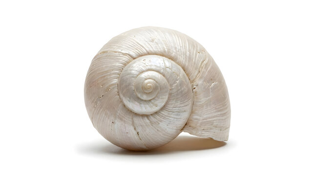 Elegant white nacreous sea snail shell with a perfect golden ratio spiral isolated on a pure white background.
