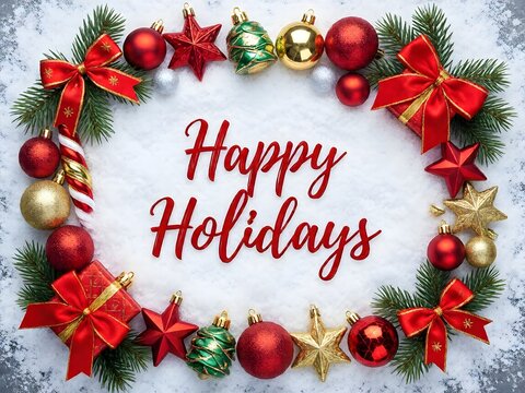 Christmas wreath frame composition with bauble ornament decorations, red bow ribbons, pine branches, and snow text background for seasonal greeting card.
