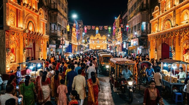 Crowded street in kolkata during durga puja festival with illuminated pandals, traditional decorations, street food stalls, and festive atmosphere at night