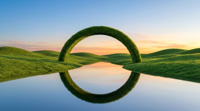 A grassy emerald green arch bridge spanning calm water during sunset