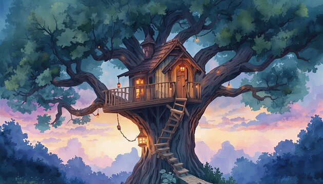 Watercolor Illustration of Magical Treehouse in Forest