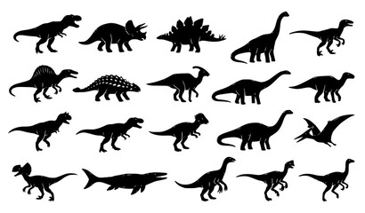 Hand drawn dinosaur silhouette set with prehistoric animal shapes in black vector illustration style © Mst
