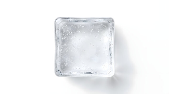 Top view of a single clear square ice cube with small bubbles isolated on a clean white background for drinks.