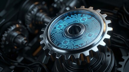 Fototapeta premium Futuristic metallic gear featuring an innovative glowing blue circuit board design for technology and industry.