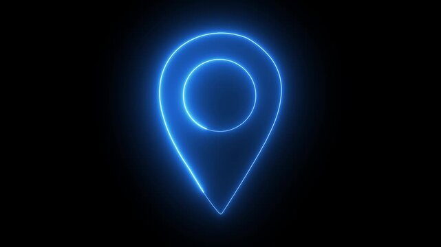 Neon blue location sign icon animation glowing journey map travel direction tracking position symbol on a transparent