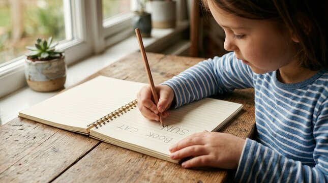 Young child practicing handwriting in a spiral notebook on a wooden desk.